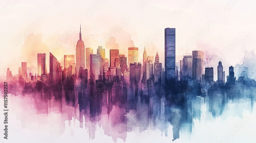 A watercolor painting of a skyline with soft pastel hues A watercolor painting of a skyline with soft pastel hues