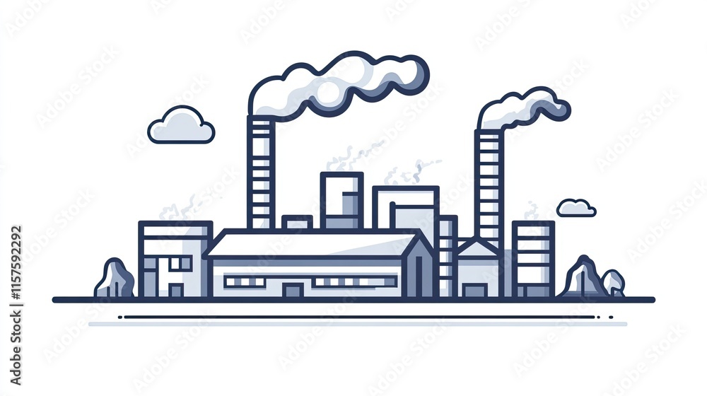 A simple outline of a factory with smoke rising from its chimneys. A simple outline of a factory with smoke rising from its chimneys.