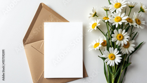 Charming Feminine Stationery Mock-up: Blank Card, Craft Envelope, and Daisies for Greeting Card Brands and Lifestyle Blogs