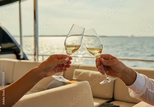Hands holding champagne flutes, making a toast on a yacht during a luxury cruise at sunset