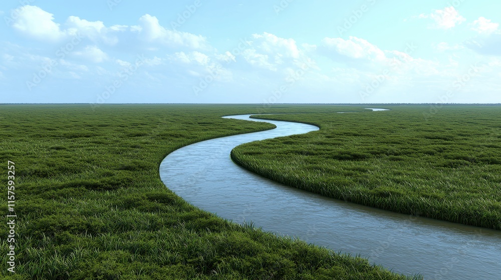 Serene River Winding Through Lush Green Marshland Landscape Serene River Winding Through Lush Green Marshland Landscape