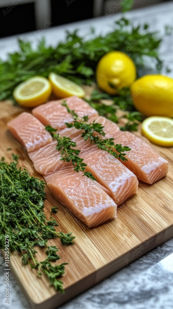 Fresh salmon fillets prepared with lemon and herbs on a wooden cutting board in a kitchen Fresh salmon fillets prepared with lemon and herbs on a wooden cutting board in a kitchen