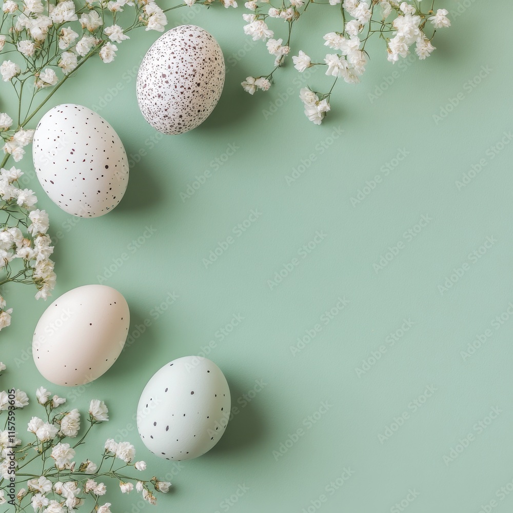 Decorative Easter eggs arranged with flowers on a pastel green background Decorative Easter eggs arranged with flowers on a pastel green background
