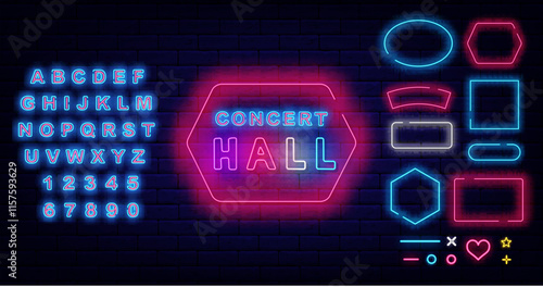 Concert hall neon badge with polygonal frame. Geometric borders set. Vector stock illustration