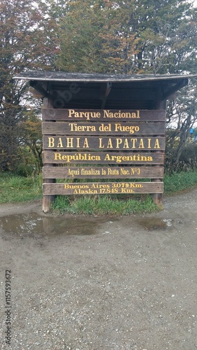 placa na baia lapataia, em ushuaia, argentina photo