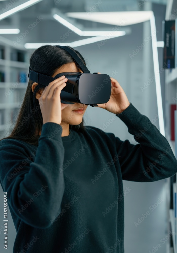 Student using vr headset in modern library, experiencing immersive learning in metaverse Student using vr headset in modern library, experiencing immersive learning in metaverse
