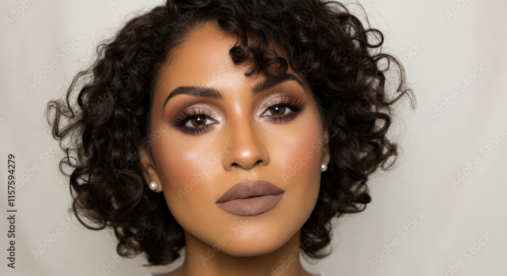 Portrait of a young hispanic female with curly hair and natural makeup for beauty and fashion design Portrait of a young hispanic female with curly hair and natural makeup for beauty and fashion design