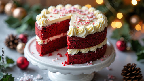 Festive Red Velvet Cake on White Stand: Perfect for Holiday Dessert Promotions and Bakery Advertisements