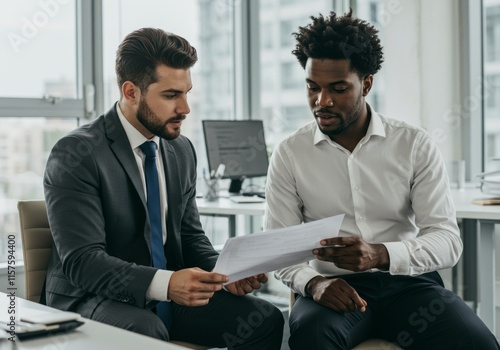 Two happy male employees reviewing documents and talking together in an office

 photo