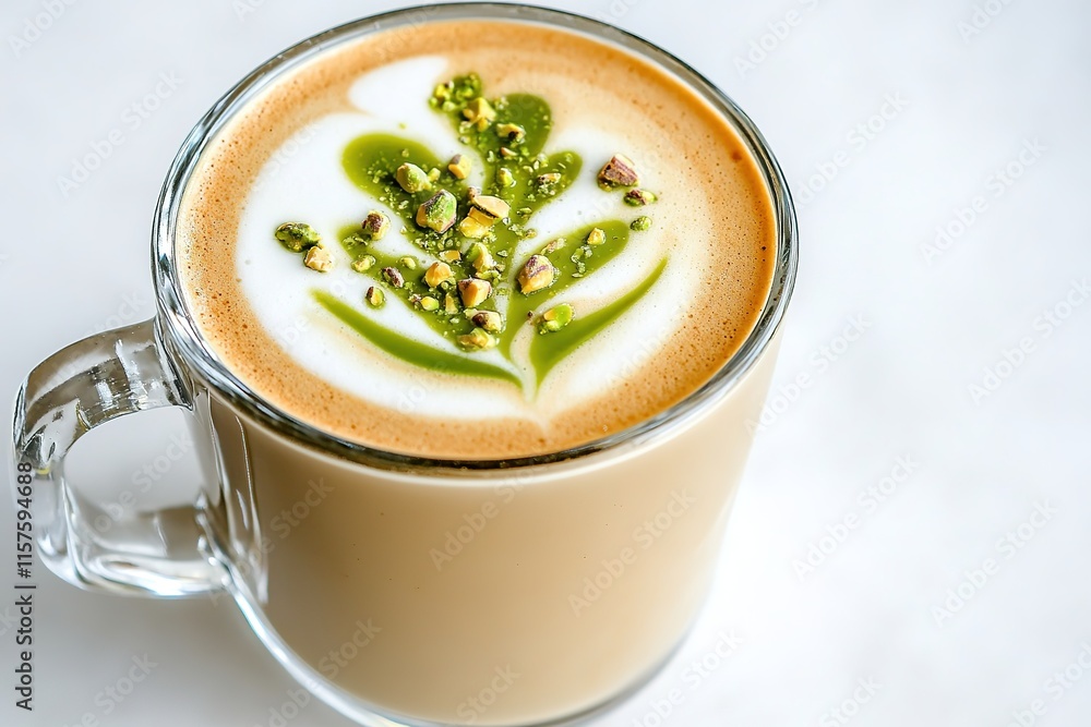 Creamy beverage topped with intricate green latte art and crushe Creamy beverage topped with intricate green latte art and crushe
