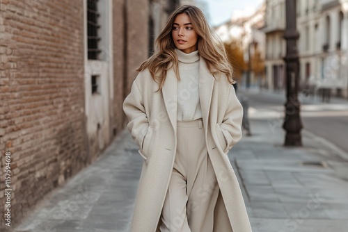 Stylish woman walks confidently on city street, showcasing elega