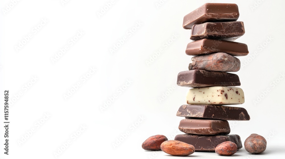 A Stack of Assorted Chocolate Bars with Cocoa Beans on a Minimalist Background, Perfect for Sweet Treats and Dessert Ideas in Culinary and Lifestyle Projects A Stack of Assorted Chocolate Bars with Cocoa Beans on a Minimalist Background, Perfect for Sweet Treats and Dessert Ideas in Culinary and Lifestyle Projects