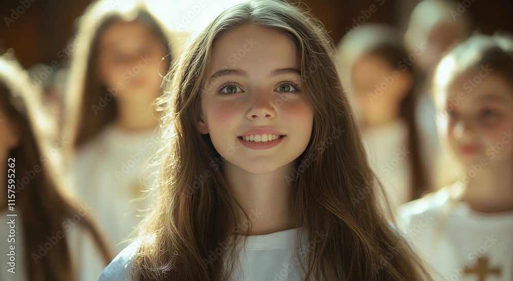 Young girl smiles brightly in a group of children during a choir performance in a church setting Young girl smiles brightly in a group of children during a choir performance in a church setting