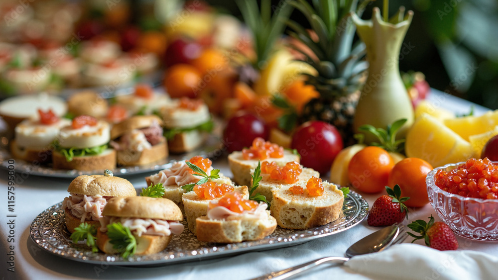 Elegant Catering Banquet Table: Gourmet Appetizers for Corporate Events, Weddings, and Luxury Celebrations Elegant Catering Banquet Table: Gourmet Appetizers for Corporate Events, Weddings, and Luxury Celebrations