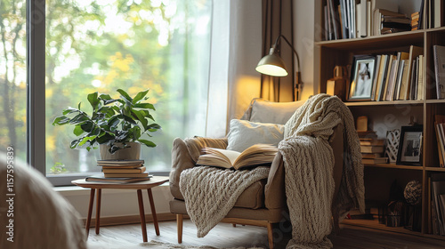 A cozy reading nook featuring a comfortable armchair draped with a soft knit blanket, surrounded by a green plant and a bookshelf filled with books, providing a warm and inviting atmosphere.
