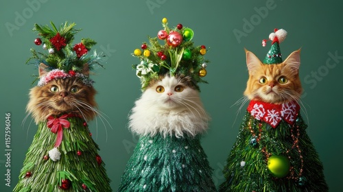 Wallpaper Mural Funny Christmas wallpaper with three cats in creative Christmas-themed costumes resembling decorated trees with festive accessories, embodying holiday cheer and creativity against a green background Torontodigital.ca