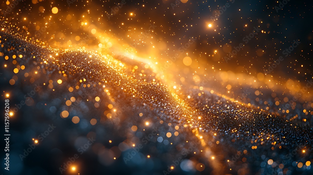 Fototapeta premium Abstract gold and blue glittering particles wave, dark background.