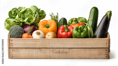 Fresh vegetables in a rustic wooden crate.