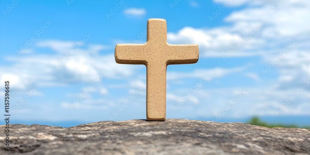 A cross standing on a rock against a background of a blue sky with clouds. Concept Cross on Rock, Blue Sky, Cloudy Background, Symbol of Faith, Nature and Spirituality A cross standing on a rock against a background of a blue sky with clouds. Concept Cross on Rock, Blue Sky, Cloudy Background, Symbol of Faith, Nature and Spirituality