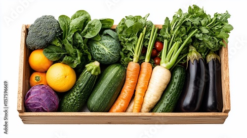 Wooden crate filled with fresh, colorful vegetables and oranges.