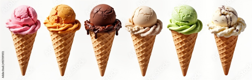 Ice cream scoops in waffle cones displayed against transparent background. Various flavors shown in mockup design for product templates. Colorful ice cream flavors include strawberry, chocolate, Ice cream scoops in waffle cones displayed against transparent background. Various flavors shown in mockup design for product templates. Colorful ice cream flavors include strawberry, chocolate,