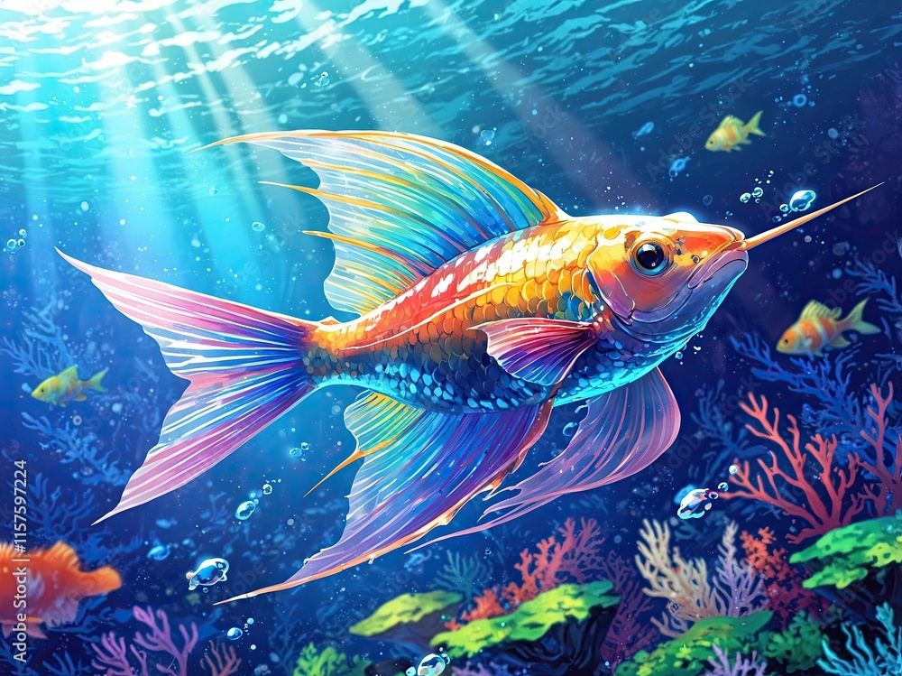 Fototapeta premium Dazzle painting illustration of isolated colorful fish with a water plants background