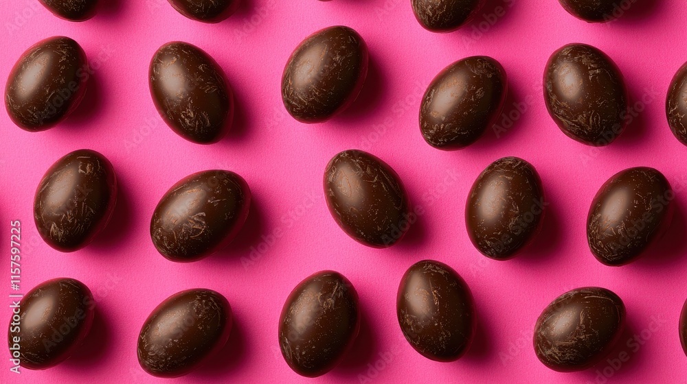 Dark Chocolate Eggs on Vibrant Pink Background for Sweet Treats Dark Chocolate Eggs on Vibrant Pink Background for Sweet Treats