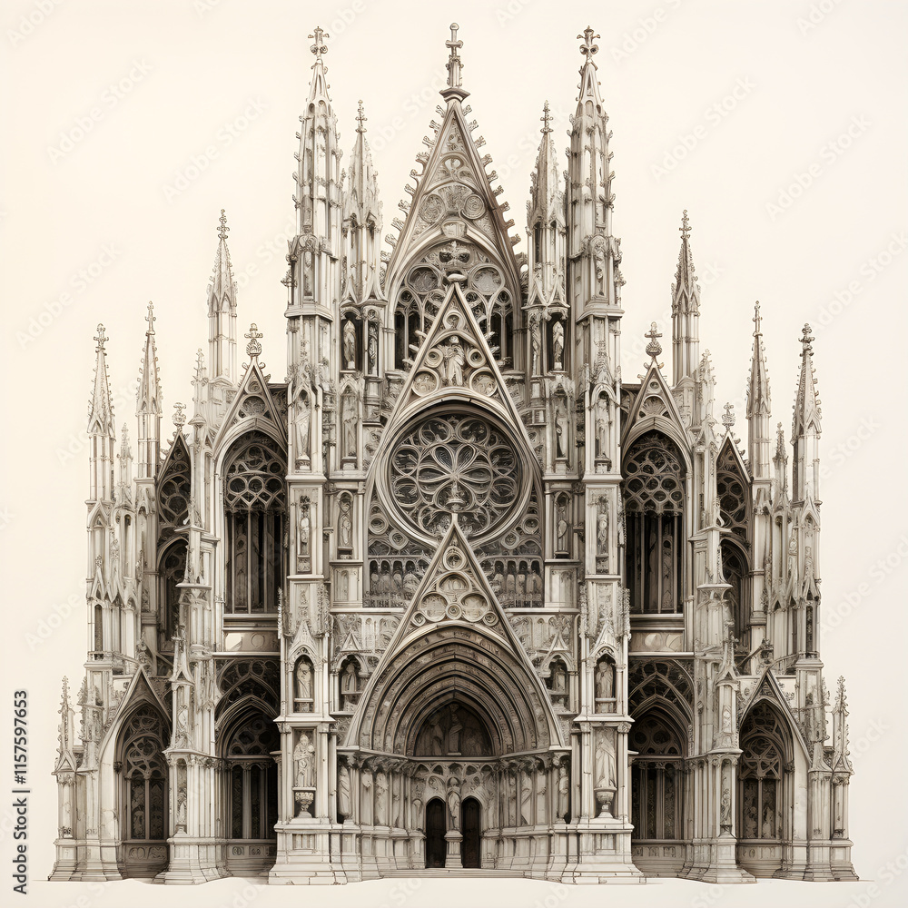 Design and Visual Drawing: Elaborate Gothic Cathedral Exterior with Intricate Details Design and Visual Drawing: Elaborate Gothic Cathedral Exterior with Intricate Details