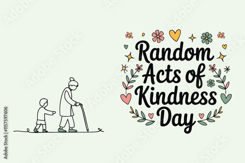 A minimalist illustration of a small child assisting an elderly person, promoting kindness and empathy and celebrating Random Acts of Kindness Day through heartfelt visuals.