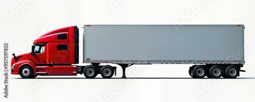 Red semi truck pulls large empty trailer. Commercial vehicle on white background. Transport logistics equipment for delivery. Modern truck design. Empty space for commercial use. Powerful photo