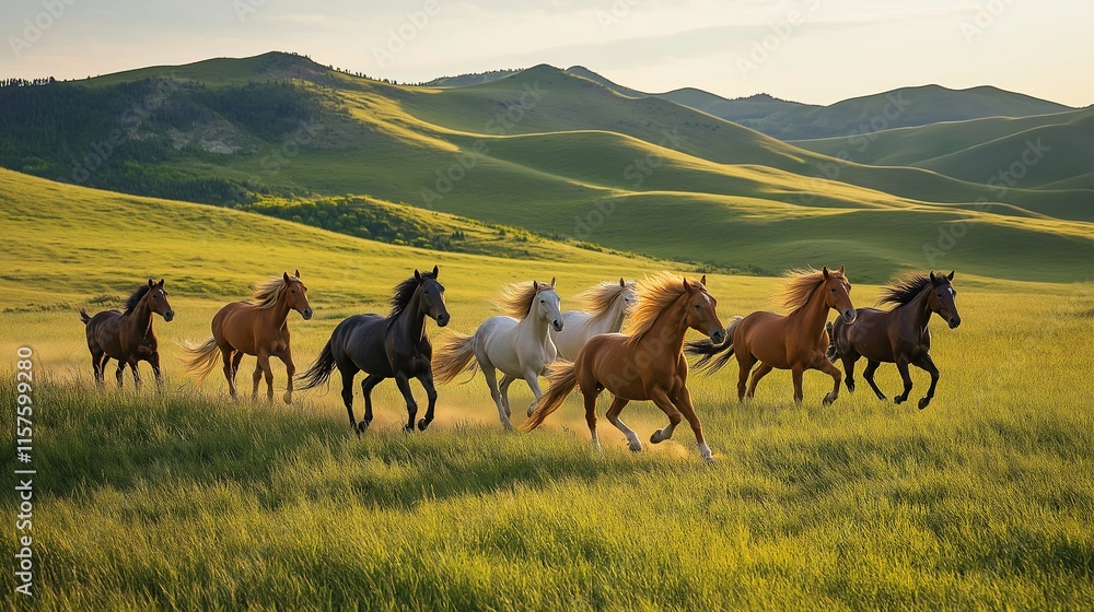 Fototapeta premium Wild horses running through green fields image. Free-spirited herd galloping on lush grass photography scene wallpaper. Nature animals equine wildlife concept photorealistic photo