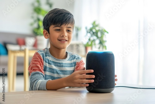 Child interacting with smart speaker, showcasing curiosity and t