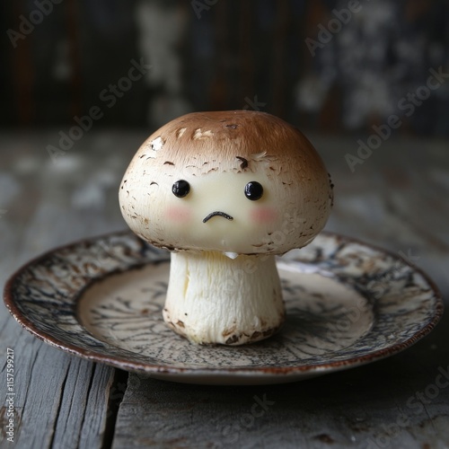Sad Mushroom Character on Rustic Plate