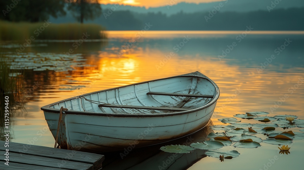 Obraz premium White rowboat floating serenely on tranquil lake image. Sunset reflections water lilies. Rustic lakeside boat photography scene wallpaper. Relaxing boating concept photorealistic photo