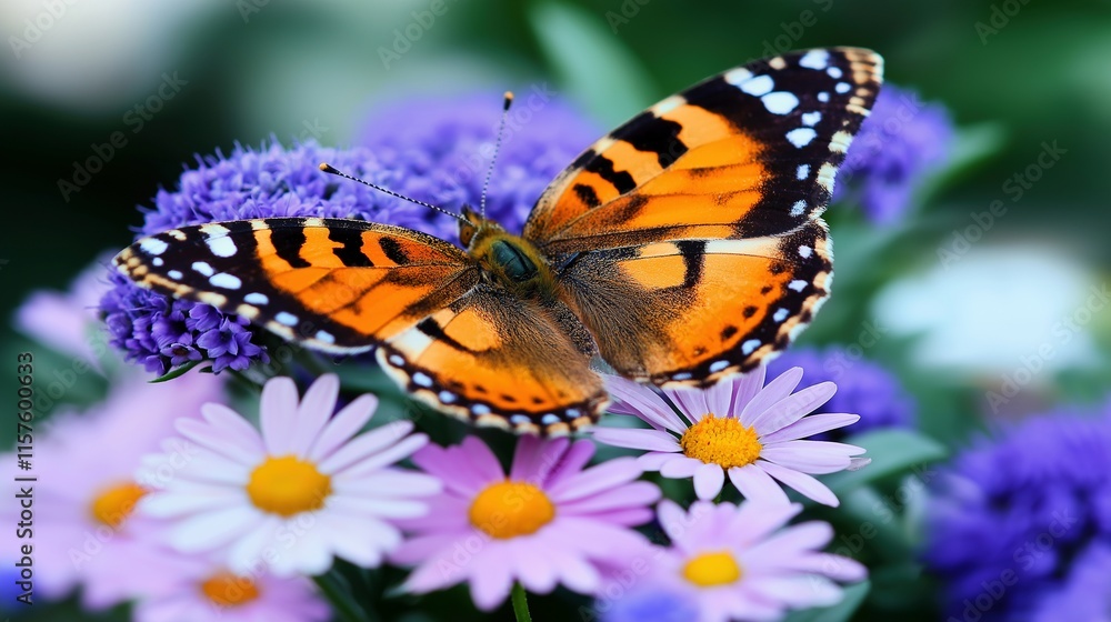 Monarch butterfly perched on vibrant daisies flowers closeup image. Floral habitat. Insect wings pollinator resting close up photography. Summer garden wildlife concept photo realistic Monarch butterfly perched on vibrant daisies flowers closeup image. Floral habitat. Insect wings pollinator resting close up photography. Summer garden wildlife concept photo realistic