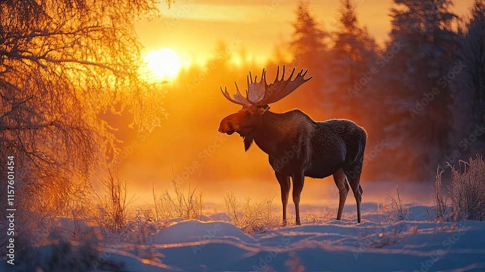 A moose standing in a snow-covered clearing at sunrise. A moose standing in a snow-covered clearing at sunrise.