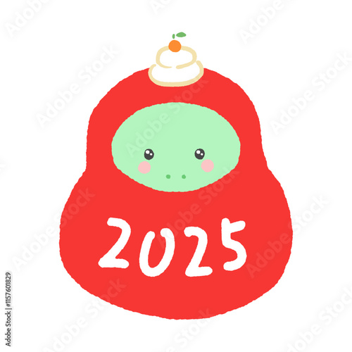 鏡餅を頭に乗せた福だるまの着ぐるみを着たかわいいヘビ - 巳年 /2025年の干支の年賀状素材
