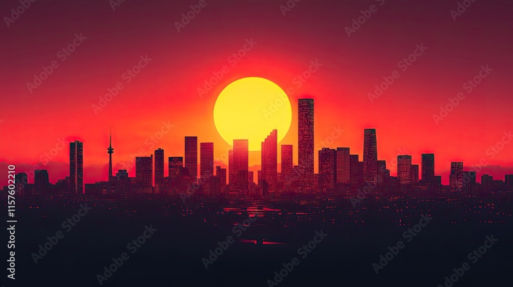 A minimalist silhouette of a skyline with the sun setting in the background. A minimalist silhouette of a skyline with the sun setting in the background.