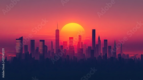 A minimalist silhouette of a skyline with the sun setting in the background. 