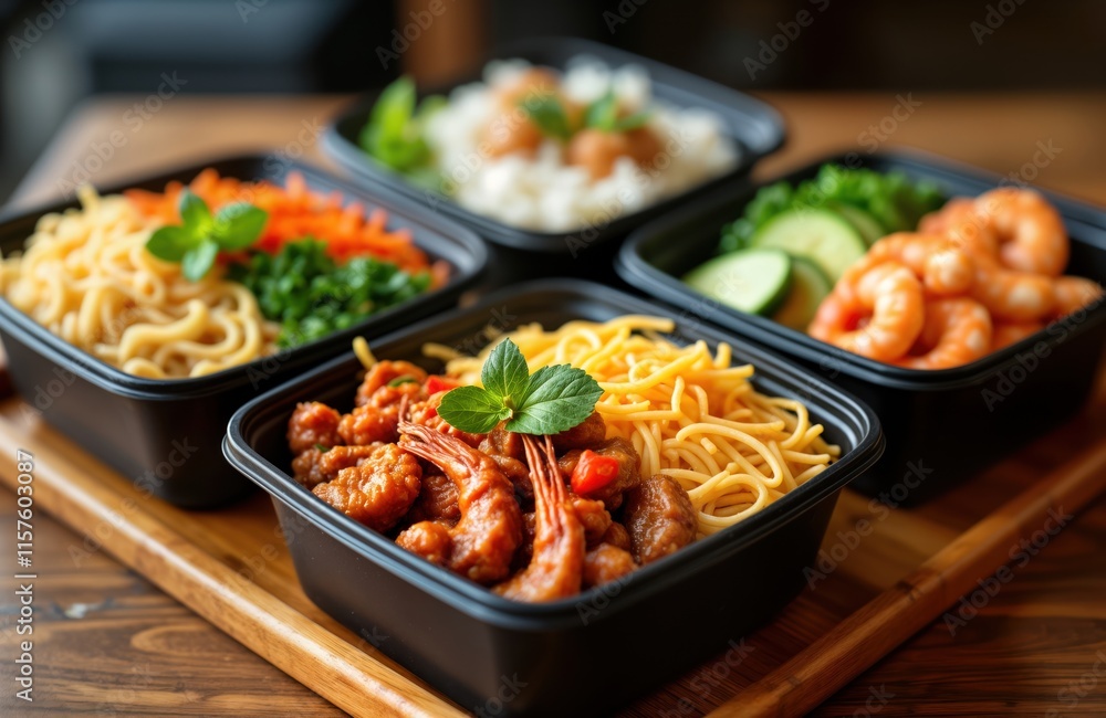 Modern Thai takeout food in plastic boxes. Various dishes include noodles, rice, shrimp, meat. Healthy options with organic ingredients. Perfect for lunch or dinner. Convenient meal delivery concept. Modern Thai takeout food in plastic boxes. Various dishes include noodles, rice, shrimp, meat. Healthy options with organic ingredients. Perfect for lunch or dinner. Convenient meal delivery concept.