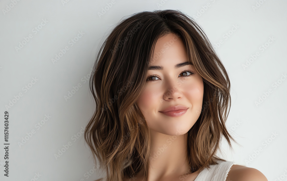 Closeup of a woman with sleek, glossy brown hair cascading over her shoulders, soft smile and radiant complexion, minimalist white background Closeup of a woman with sleek, glossy brown hair cascading over her shoulders, soft smile and radiant complexion, minimalist white background