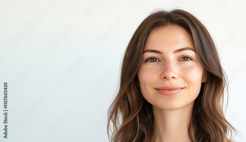 Fototapeta premium Closeup of a woman with sleek, glossy brown hair cascading over her shoulders, soft smile and radiant complexion, minimalist white background