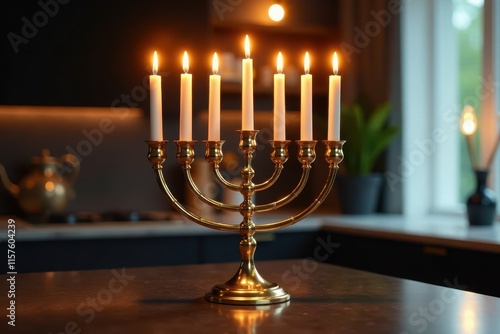 Elegant gold menorah with multiple lit candles in a modern setting , decoration, candles photo