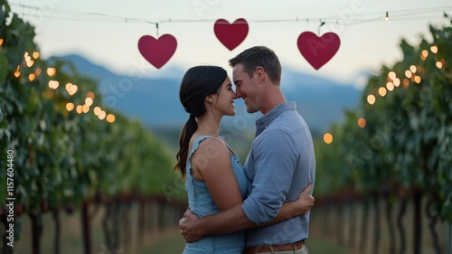 Valentine's Day on experiences concept. A couple shares a romantic moment amidst a vineyard decorated with hearts and fairy lights.