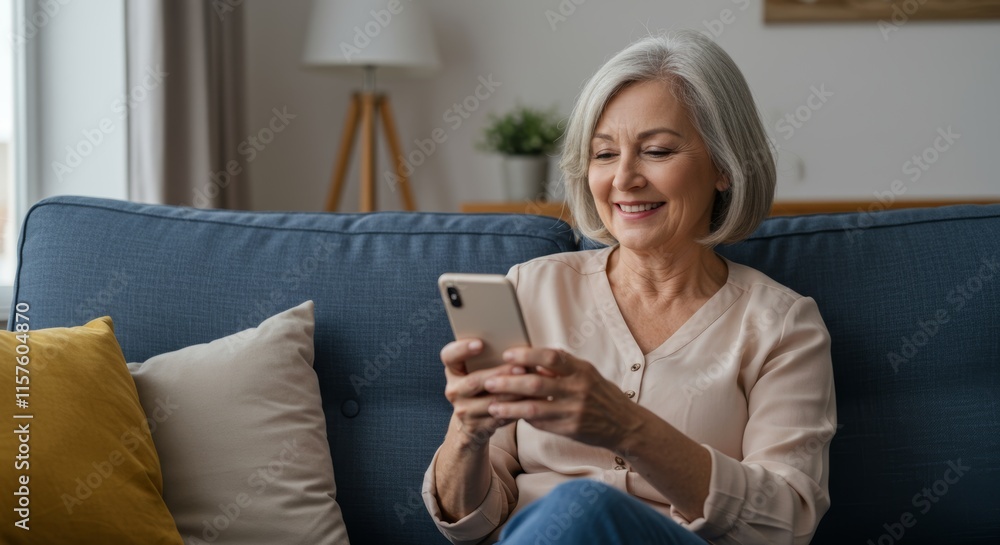 A happy older woman using a smartphone while sitting on a couch at home
A happy older woman using a smartphone while sitting on a couch at home