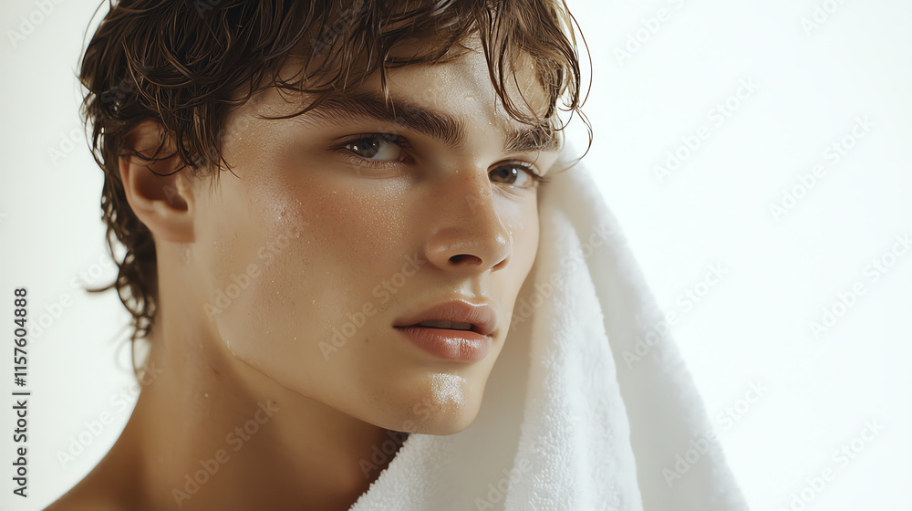 Male model in a towel, confidently presenting a skincare product with a casual touch to his hair, bright studio shot Male model in a towel, confidently presenting a skincare product with a casual touch to his hair, bright studio shot