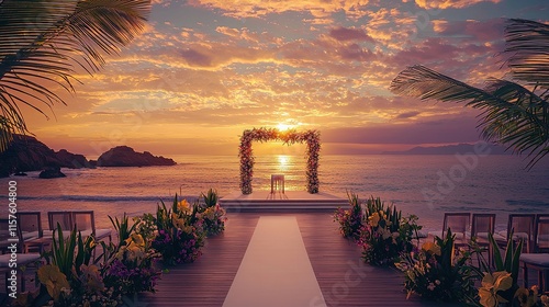 Fototapeta Naklejka Na Ścianę i Meble -  Beach wedding ceremony at sunset with tropical decorations and ocean views
