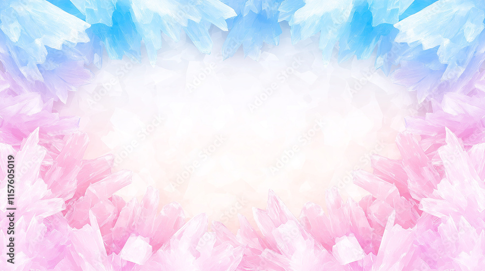 Fototapeta premium Abstract Crystal Frame: A mesmerizing backdrop of iridescent crystals, radiating in soft hues of pink and blue, creates a dreamy and ethereal frame for your design. The center is left open.