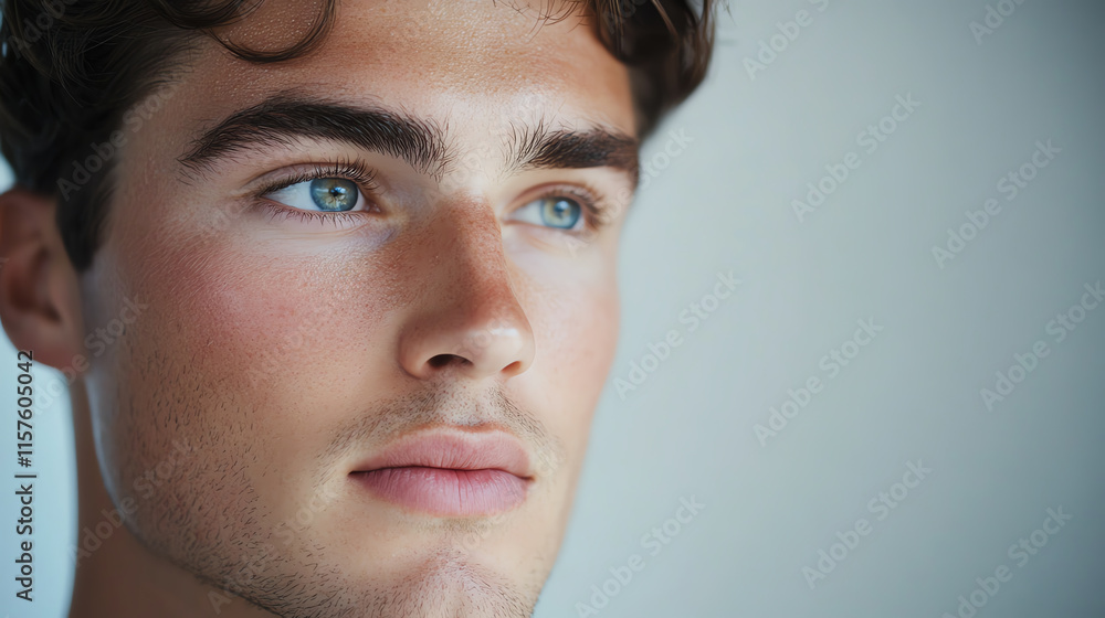 Male model demonstrating skincare routine, soft lighting accentuating his healthy skin, clean background for a modern aesthetic Male model demonstrating skincare routine, soft lighting accentuating his healthy skin, clean background for a modern aesthetic