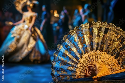 Elegant fan in foreground complements stunning, vibrant performa photo